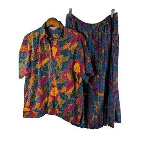 Vintage Alfred Dunner 2 Pc Pleated Skirt with Top Tropical Elastic Waist Sz 14